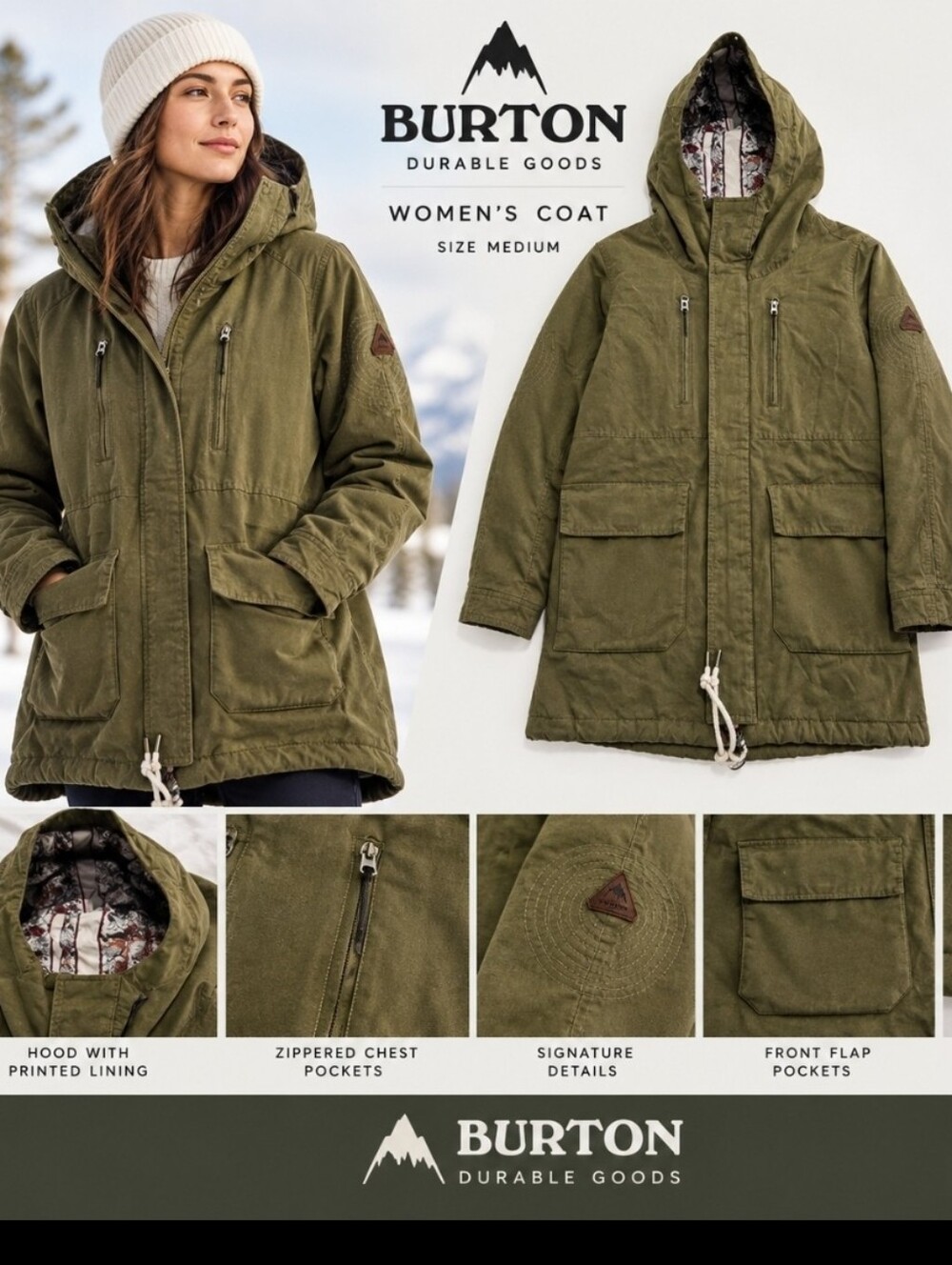 Burton Living Lining Women's Olive Green Insulated Lined Hood Parka Coat Medium